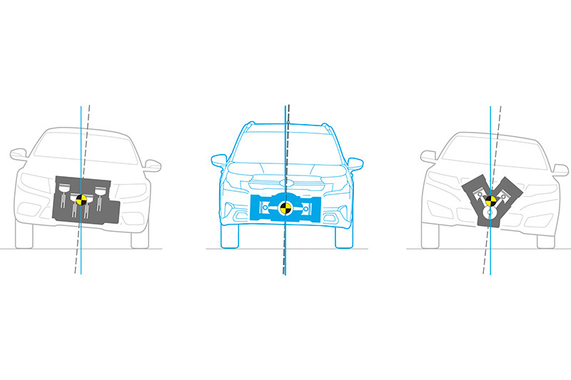 Illustratsioon näitab, kuidas boksermootori horisontaalselt vastassuunas liikuvad kolvid loovad sisemise tasakaalu – erinevalt rida- ja V-mootorite ebaühtlasemast liikumisest.