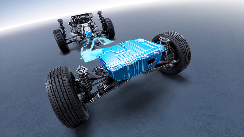 Graafiline illustratsioon, mis näitab, kuidas Subaru boksermootor töötab koos elektrimootoriga – tagades tõhusa jõuülekande, väiksemad heitmed ja parema kütusekulu.