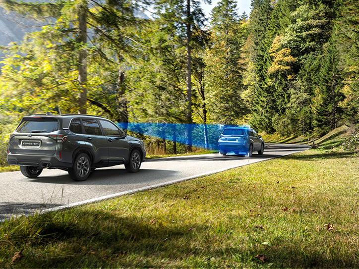 Subaru Forester sõidab teel, sinine kolmnurkne illustratsioon näitab auto EyeSight-kaamerate vaatevälja.