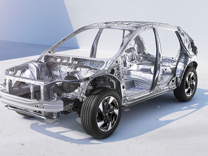 Illustratsioon, mis kujutab Subaru Crosstreki turvaraami ehitust, tagades suurema avariikindluse.