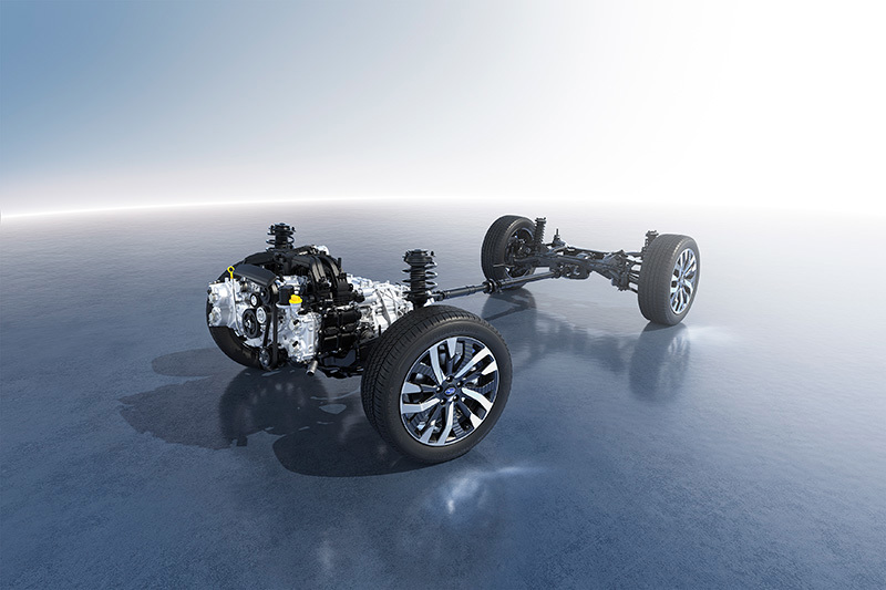 Illustratsioon Subaru Lineartronic CVT-automaatkastist, keskendudes komponentidele ja jõuülekandele.